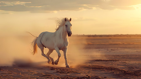 White horse galloping in the desert at sunset. Beautiful pet.の写真素材