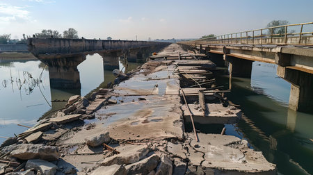Bridge over the river. The bridge is flooded with water. Broken bridge.の写真素材