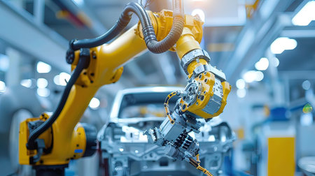 Robotic arm working on assembly line in factory, industry 4.0 conceptの写真素材