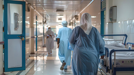 Side view of doctors walking in corridor of hospital with patient in backgroundの写真素材