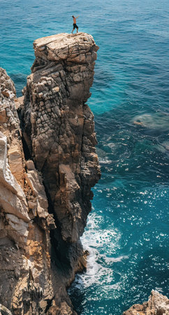Man standing on the edge of a cliff above the sea and enjoying the viewの写真素材