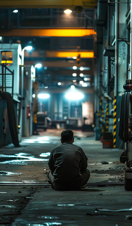 Man sitting on the floor in front of the industrial building at nightの写真素材