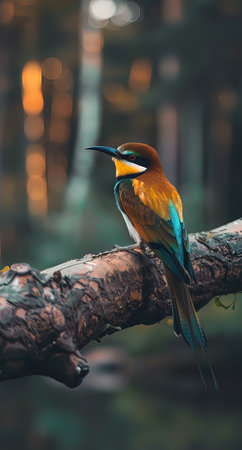 Beautiful bee eater sitting on a branch in the forest at sunset