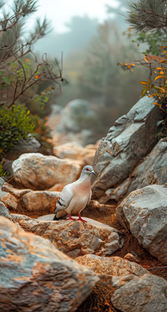 Pigeon on a rock in the park. Selective focus.