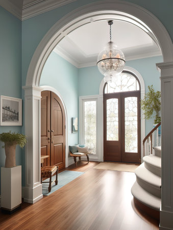 Interior of a classic house with blue walls and wooden floor. 3d renderの写真素材