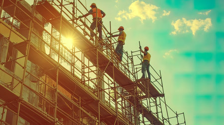 Construction workers working on scaffolding at building site with sun flare effectの写真素材
