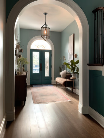 Interior of a classic living room with green walls and wooden floorの写真素材