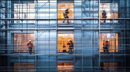 Construction workers working on scaffolding in a modern office building. Work safety concept.の写真素材
