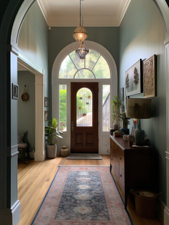 Elegant hallway with arched door and green walls. Northwest, USAの写真素材