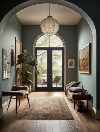 Interior of a living room with a large window. 3d renderの写真素材