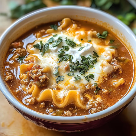 Ravioli soup with mozzarella cheese and parsleyの写真素材
