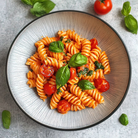 Italian pasta fusilli with tomato sauce and basil, top viewの写真素材