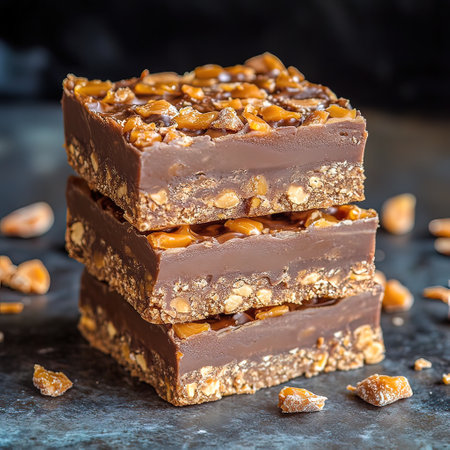 Chocolate nougat with caramel and peanuts on a dark backgroundの写真素材