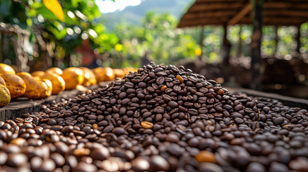 Coffee beans on a wooden table in a coffee plantation.の写真素材