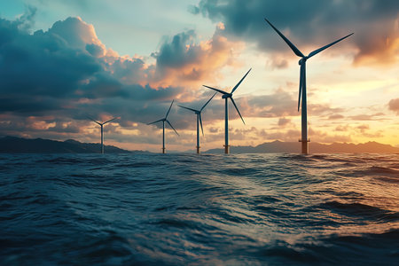 Wind turbines in sea at sunset. 3d render. Alternative energy conceptの写真素材