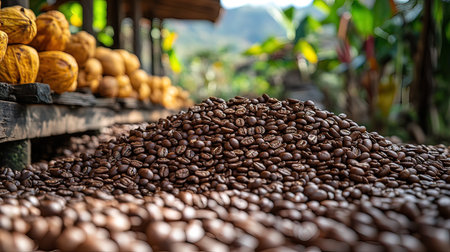 Coffee beans on the counter of a coffee shopの写真素材