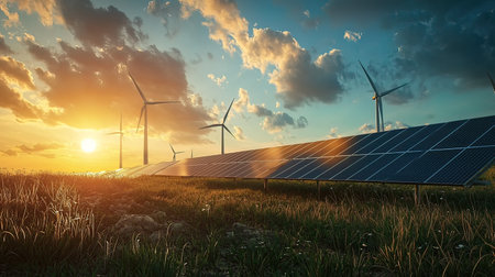 Solar panels and wind turbines at sunset. Alternative energy source. 3D renderingの写真素材