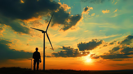Silhouette of engineer standing in front of wind turbine at sunsetの写真素材