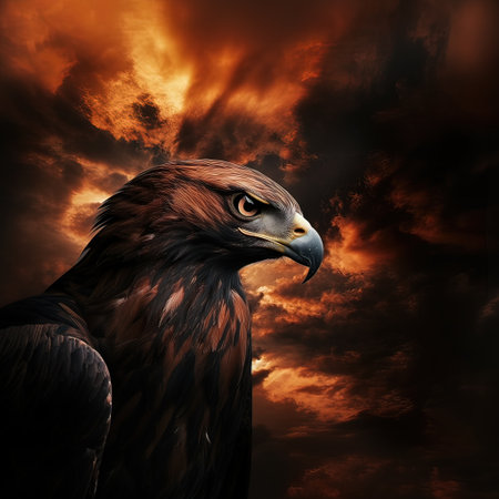 3D rendering of a golden eagle in a dramatic sky with cloudsの写真素材