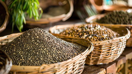 Coffee beans in a wicker basket on a market stallの写真素材