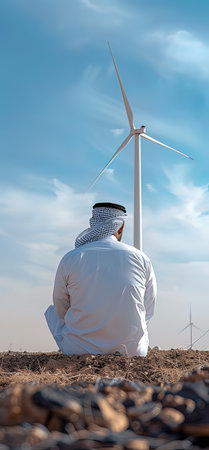 Arabian man in traditional clothes sitting on the ground in front of wind turbinesの写真素材
