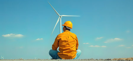 Engineer in yellow jacket and helmet sitting on the ground and looking at wind turbinesの写真素材