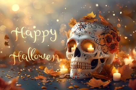 Happy Halloween greeting card with skull, candles and autumn leaves on blue backgroundの写真素材