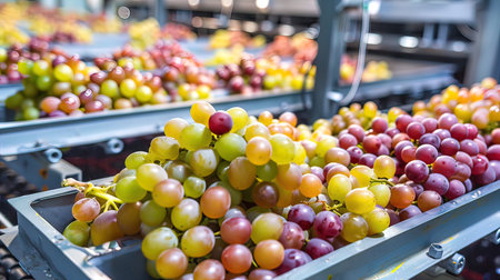Red and green grapes on a conveyor belt in a vineyard