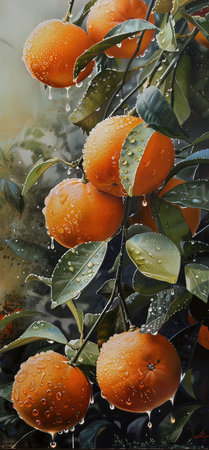 Tangerines with drops of water on a branch after the rainの写真素材