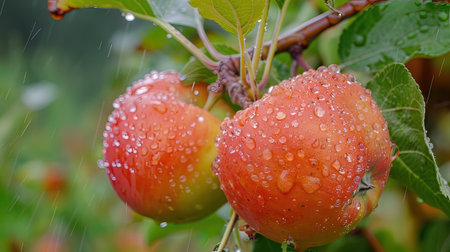 Rain drops on red apples on apple tree branch in rain drops.の写真素材