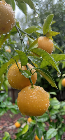 Ripe tangerines on a tree branch in the rain.の写真素材