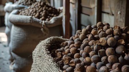 Walnuts in a bag on the market in Morocco, Africa.の写真素材