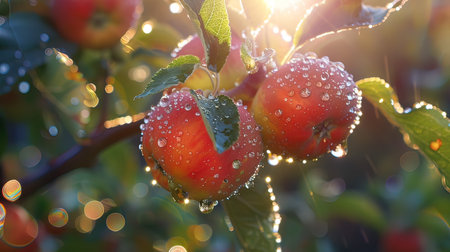 Ripe red apples on the apple tree branch with dew drops
