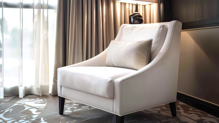 White leather armchair decoration in living room interior with curtain and windowの写真素材