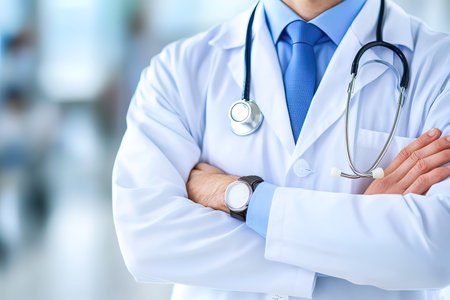 Male doctor standing with arms crossed at the hospital. Medical and healthcare concept.の写真素材
