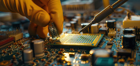 Technician repairing electronic circuit board with soldering iron, closeupの写真素材