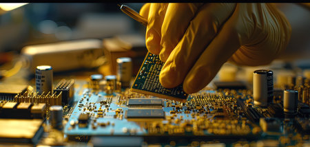 Close-up of hand of technician repairing motherboard with soldering ironの写真素材