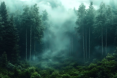 Foggy morning in the woods. Fog in the forest.の写真素材