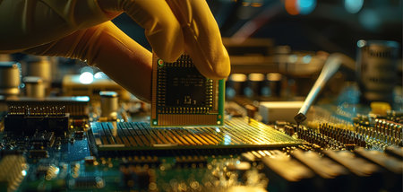 Close-up of a computer processor chip in the hands of a technicianの写真素材