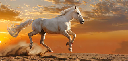 White horse running in the desert at sunset. 3d render illustrationの写真素材