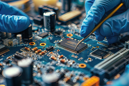 Technician repairing electronic circuit board with soldering iron, closeup