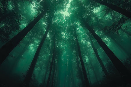 Mysterious forest in the morning mist. Dark foggy forestの写真素材