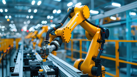 Industrial robot arm in factory production line. Smart industry 4.0 conceptの写真素材