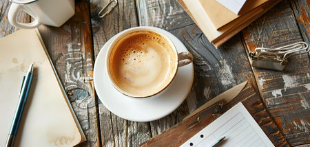 Cup of coffee and notepad on wooden table, top viewの写真素材