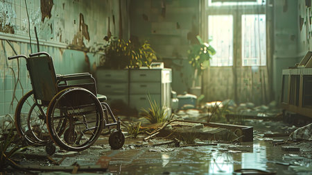 Abandoned wheelchair in the interior of an old house. 3d renderingの写真素材