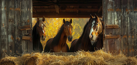Horses in the barn in autumn. Rural scene with horses.の写真素材
