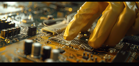 Close-up of a technician's hand working on a computer motherboardの写真素材