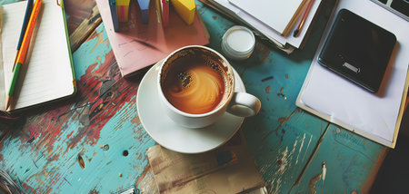 Coffee Cup and Office Supplies on Table in Vintage Styleの写真素材