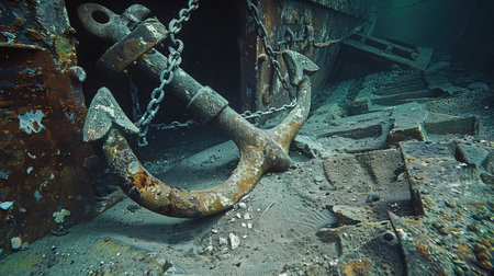 Old rusty anchor in an abandoned shipyard, toned image.の写真素材