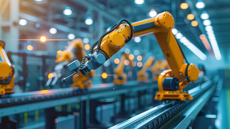 Smart industry robot arms for digital factory production technology showing automation manufacturingの写真素材